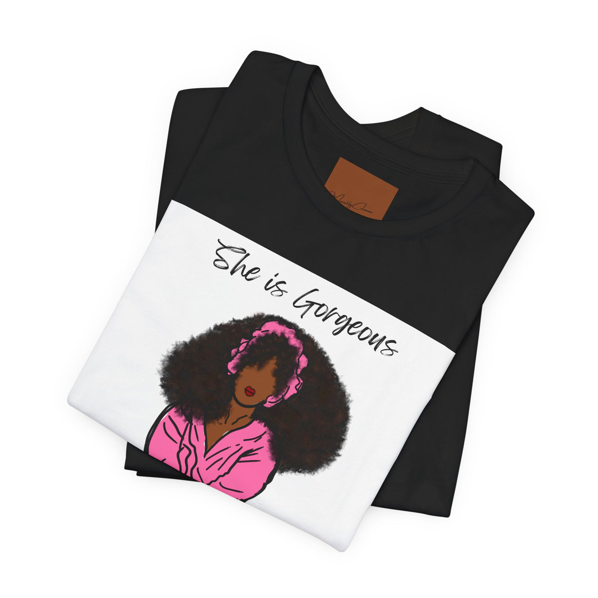 She Is Gorgeous illustration T-Shirt | Pink Afro Woman Artwork