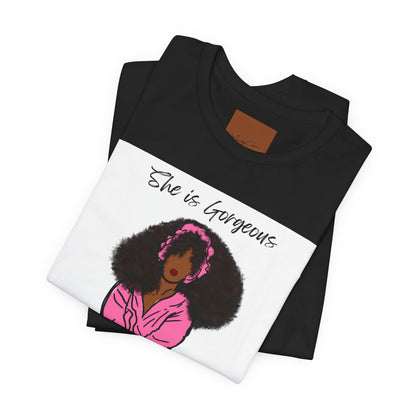 She Is Gorgeous illustration T-Shirt | Pink Afro Woman Artwork