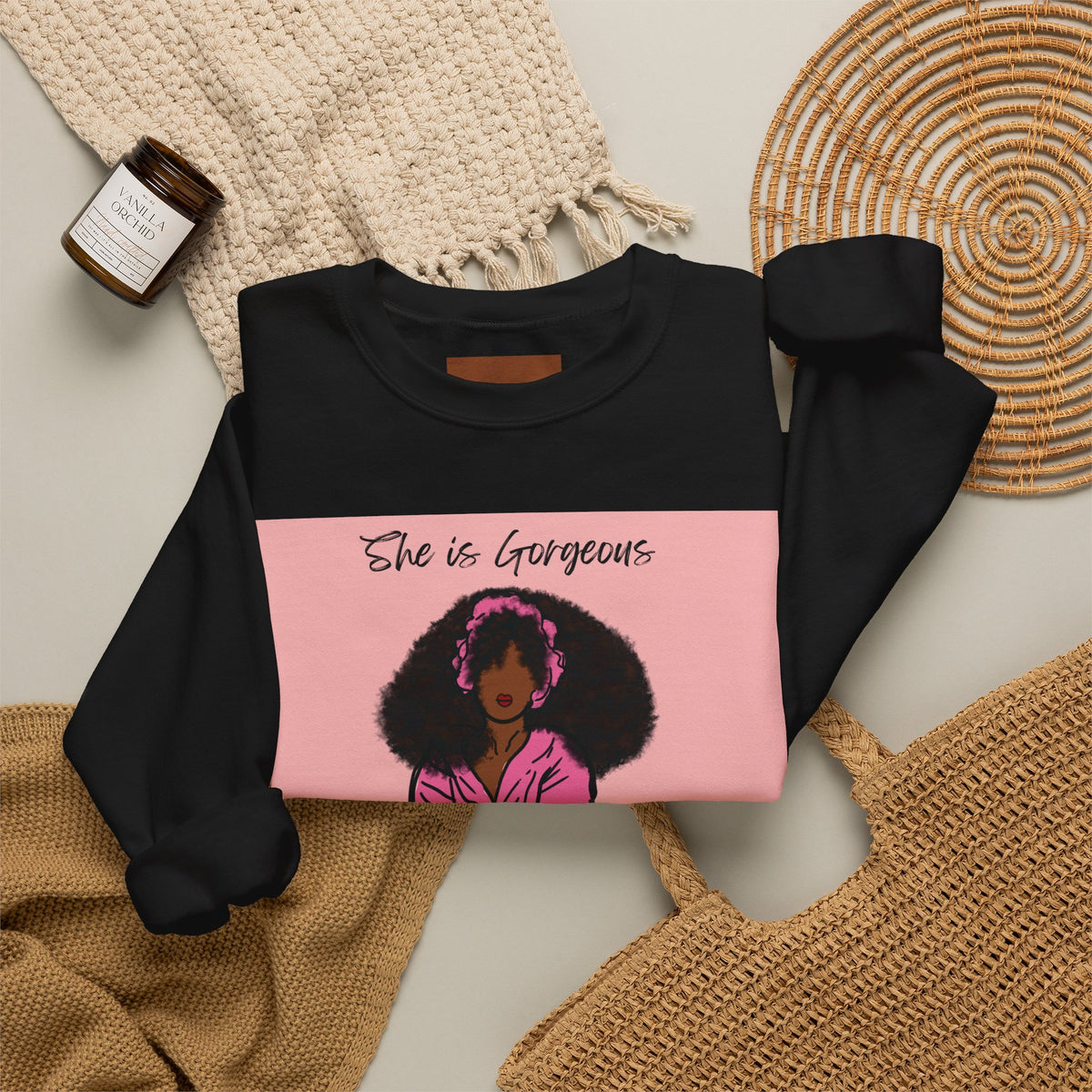 She Is Gorgeous illustration Sweatshirt | Afro Woman Pink Artwork