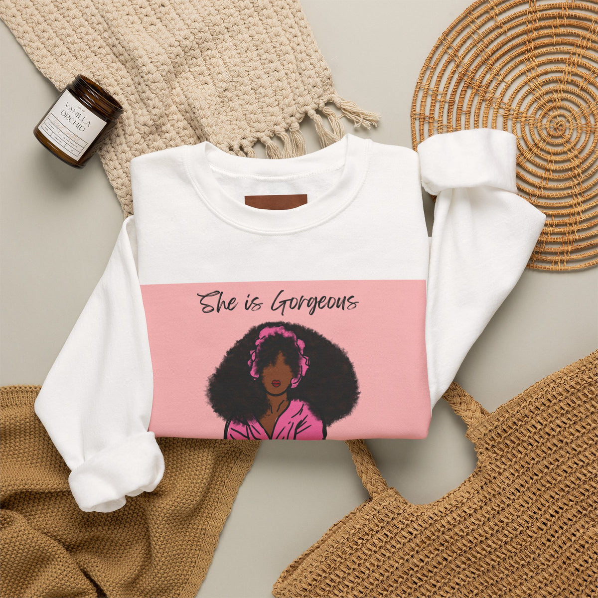 She Is Gorgeous illustration Sweatshirt | Afro Woman Pink Artwork