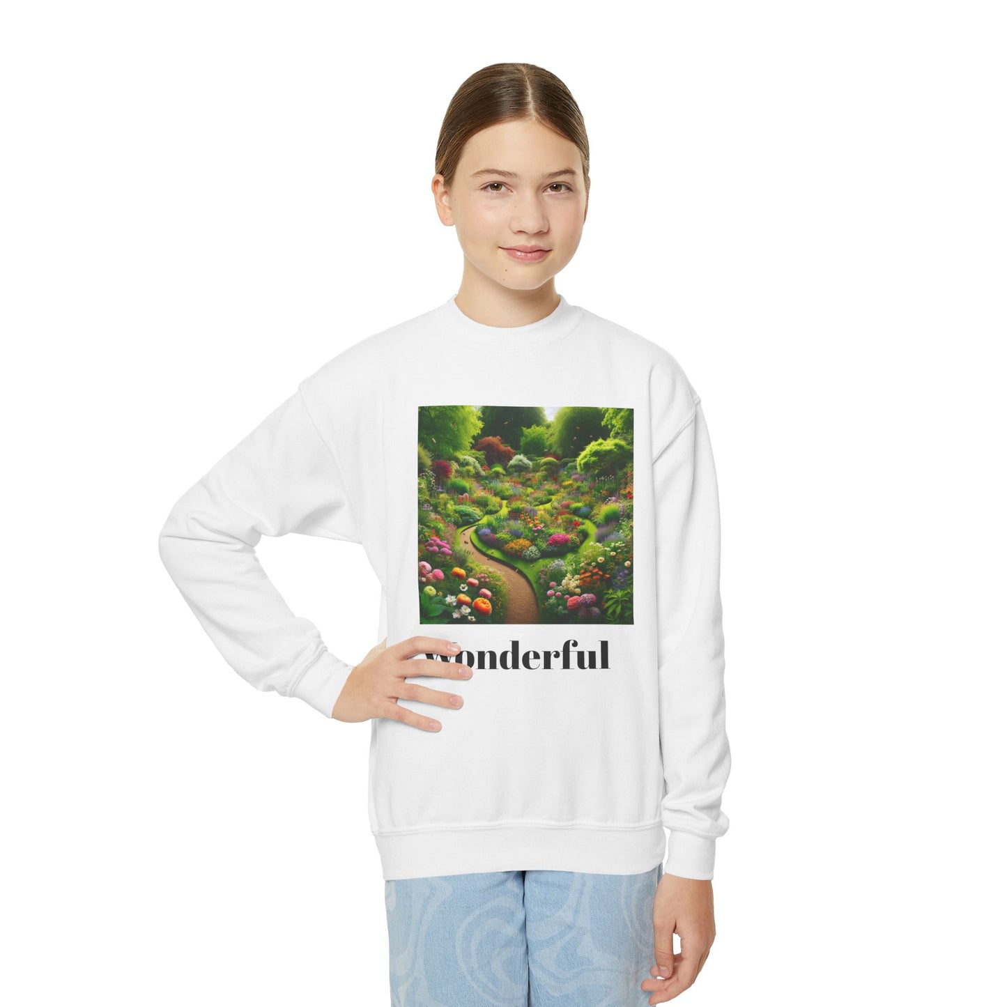 Youth Crewneck Sweatshirt - 'Wonderful' Floral Garden Design